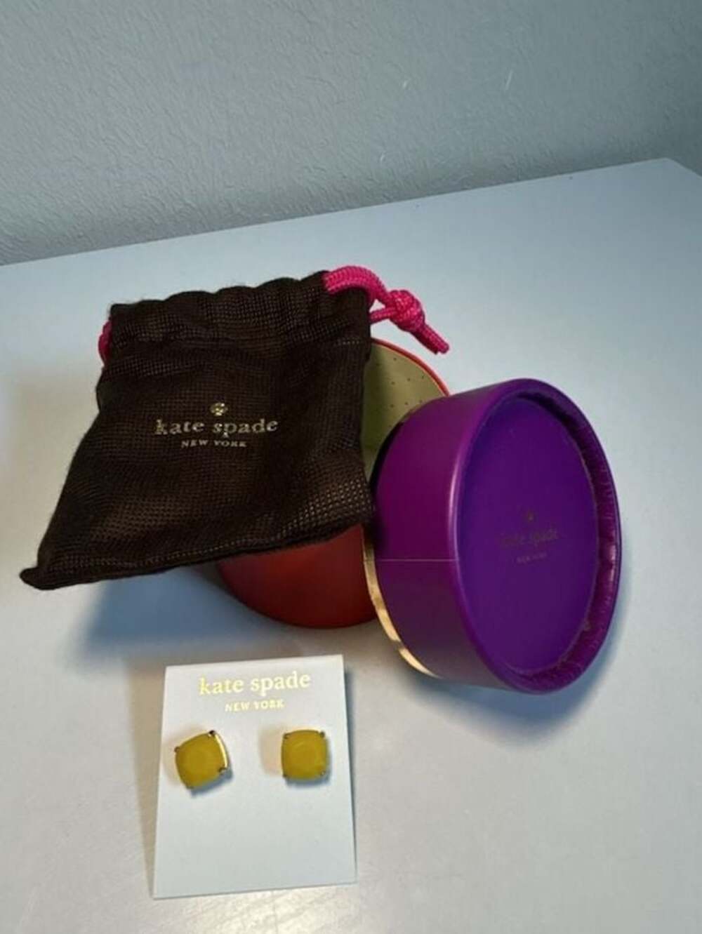 Kate Spade New York Yellow Square Stud Earrings with Storage Box and Pouch